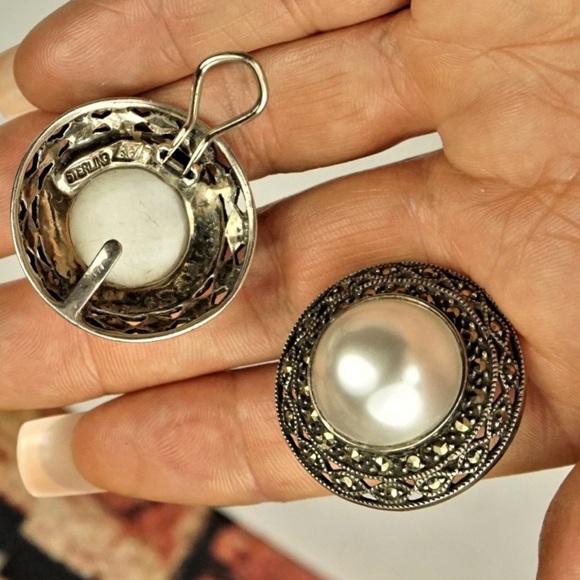 Judith Jack Sterling w/Marcasite and Faux Pearl Earrings - Picture 3 of 11